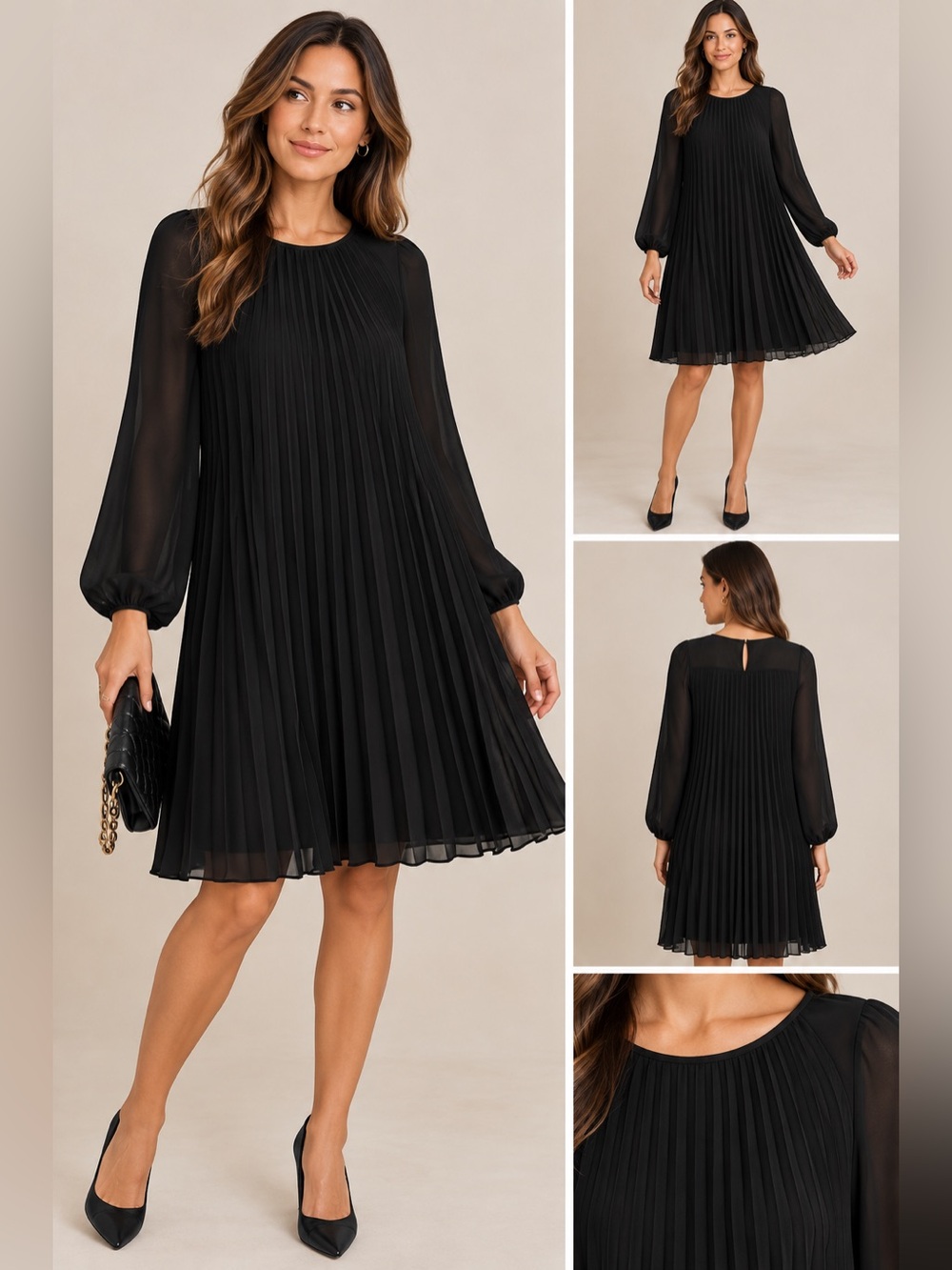 SHEIN Black Pleated Chiffon Long Sleeve Shift Dress Size L